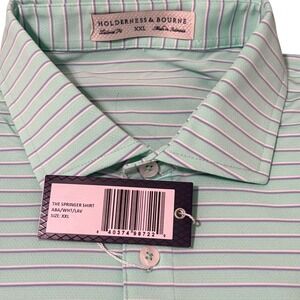 Holderness & Bourne The Springer Shirt Mens XXL Green Striped Tailored Golf Polo